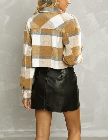 Yeokou Women's Fashion Cropped Flannel Wool Blend Plaid Shacket Long Sleeve Button Down Jackets Coat in Saudi Arabia