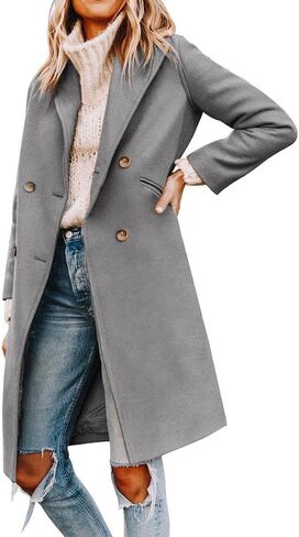 Yousify Womens Notched Lapel Collar Double Breasted Pea Coat Winter Wool Blend Over Coats Long Jackets in Saudi Arabia
