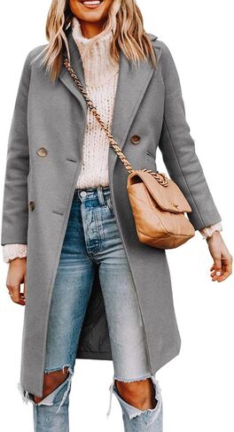 Yousify Womens Notched Lapel Collar Double Breasted Pea Coat Winter Wool Blend Over Coats Long Jackets in Saudi Arabia