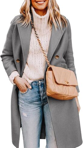 Yousify Womens Notched Lapel Collar Double Breasted Pea Coat Winter Wool Blend Over Coats Long Jackets in Saudi Arabia