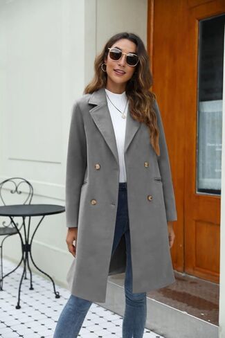 Yousify Womens Notched Lapel Collar Double Breasted Pea Coat Winter Wool Blend Over Coats Long Jackets in Saudi Arabia