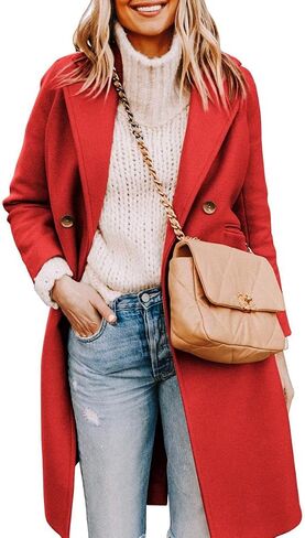 Yousify Womens Notched Lapel Collar Double Breasted Pea Coat Winter Wool Blend Over Coats Long Jackets in Saudi Arabia
