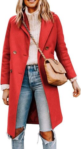 Yousify Womens Notched Lapel Collar Double Breasted Pea Coat Winter Wool Blend Over Coats Long Jackets in Saudi Arabia