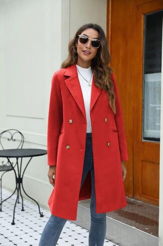 Yousify Womens Notched Lapel Collar Double Breasted Pea Coat Winter Wool Blend Over Coats Long Jackets in Saudi Arabia