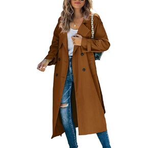 Makkrom Women's Double Breasted Long Trench Coat Windproof Classic Lapel Slim Overcoat with Belt