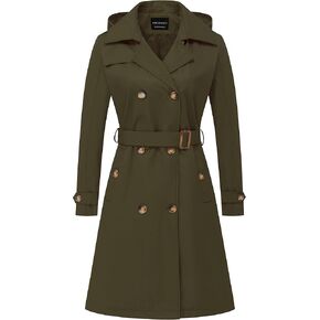 CREATMO US Women's Long Trench Coat Double-Breasted Classic Lapel Overcoat Belted Slim Outerwear Coat with Detachable Hood