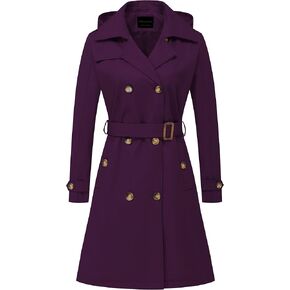 CREATMO US Women's Long Trench Coat Double-Breasted Classic Lapel Overcoat Belted Slim Outerwear Coat with Detachable Hood