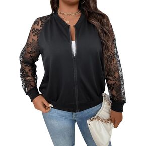 Floerns Women's Plus Size Sheer Floral Lace Long Sleeve Baseball Jacket in Saudi Arabia