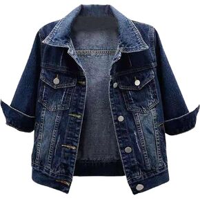 AMEBELLE Women's 3/4 Sleeve Strech Distress Slim Crop Denim Jean Trucker Jacket