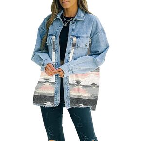 Lumister Women's Aztec Denim Jacket Distressed Lapel Long Sleeve Vintage Button Down Denim Jacket Shacket