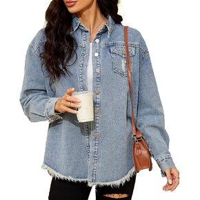 Saukiee Oversized Denim Jacket Distressed Boyfriend Jean Coat Jeans Trucker Jacket for Women Girls