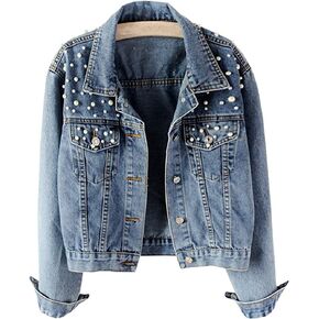 Hixiaohe Women Loose Embroidered Pearls Beading Cropped Denim Jacket Jean Coat in Saudi Arabia