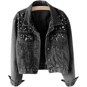 Hixiaohe Women Loose Embroidered Pearls Beading Cropped Denim Jacket Jean Coat
