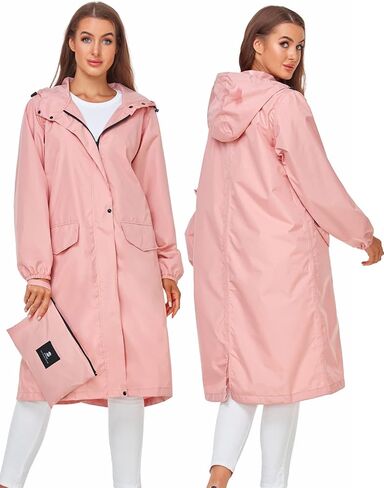 SaphiRose Women's Long Rain Jacket Waterproof Lightweight Hooded Raincoat Packable Knee Length Rain coat in Kuwait