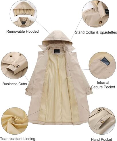 CREATMO US Women's Long Trench Coat Double-Breasted Classic Lapel Overcoat Belted Slim Outerwear Coat with Detachable Hood in Saudi Arabia