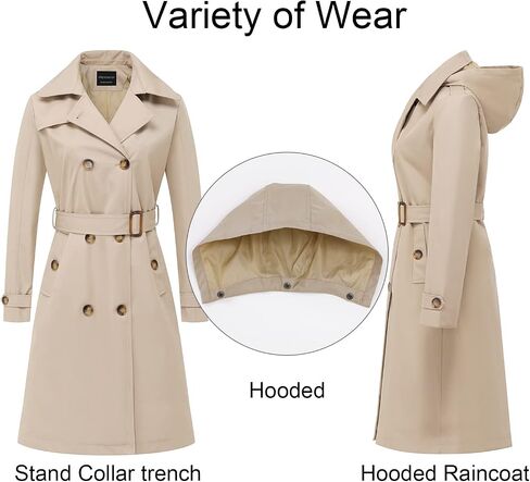CREATMO US Women's Long Trench Coat Double-Breasted Classic Lapel Overcoat Belted Slim Outerwear Coat with Detachable Hood in Saudi Arabia
