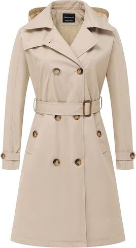 CREATMO US Women's Long Trench Coat Double-Breasted Classic Lapel Overcoat Belted Slim Outerwear Coat with Detachable Hood in Saudi Arabia