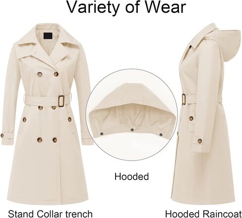CREATMO US Women's Long Trench Coat Double-Breasted Classic Lapel Overcoat Belted Slim Outerwear Coat with Detachable Hood in Saudi Arabia