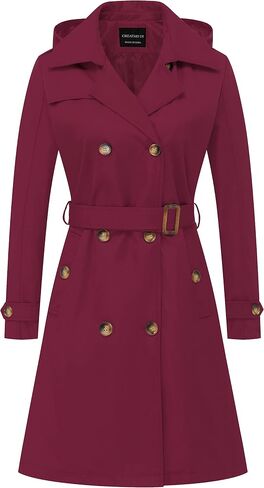 CREATMO US Women's Long Trench Coat Double-Breasted Classic Lapel Overcoat Belted Slim Outerwear Coat with Detachable Hood in Saudi Arabia