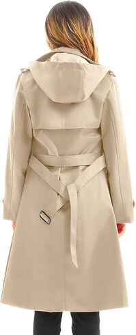 FARVALUE Women's Waterproof Trench Coat Long Double Breasted Windbreaker Classic Belted Lapel Overcoat with Removable Hood in Saudi Arabia