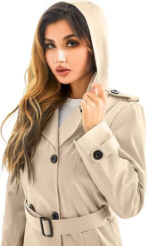 FARVALUE Women's Waterproof Trench Coat Long Double Breasted Windbreaker Classic Belted Lapel Overcoat with Removable Hood in Saudi Arabia