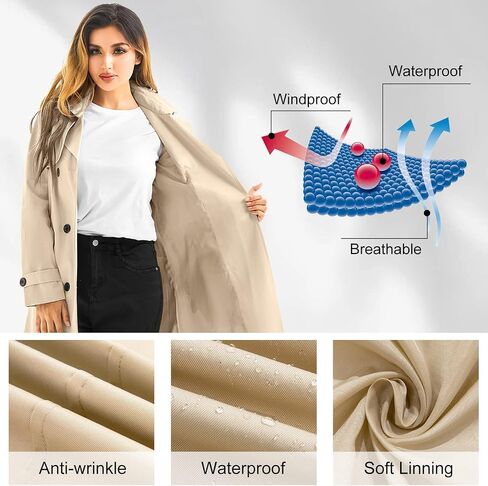 FARVALUE Women's Waterproof Trench Coat Long Double Breasted Windbreaker Classic Belted Lapel Overcoat with Removable Hood in Saudi Arabia