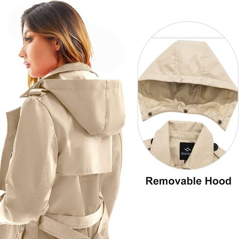 FARVALUE Women's Waterproof Trench Coat Long Double Breasted Windbreaker Classic Belted Lapel Overcoat with Removable Hood in Saudi Arabia