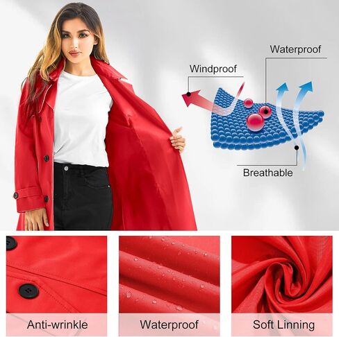 FARVALUE Women's Waterproof Trench Coat Long Double Breasted Windbreaker Classic Belted Lapel Overcoat with Removable Hood in Saudi Arabia