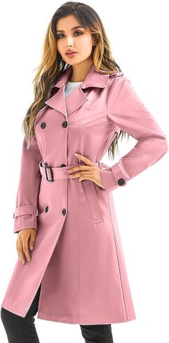 FARVALUE Women's Waterproof Trench Coat Long Double Breasted Windbreaker Classic Belted Lapel Overcoat with Removable Hood in Kuwait