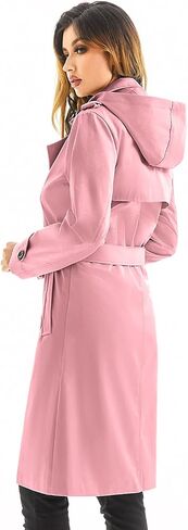FARVALUE Women's Waterproof Trench Coat Long Double Breasted Windbreaker Classic Belted Lapel Overcoat with Removable Hood in Kuwait