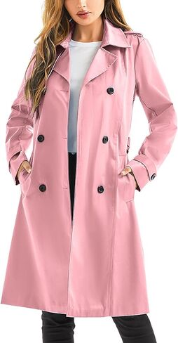 FARVALUE Women's Waterproof Trench Coat Long Double Breasted Windbreaker Classic Belted Lapel Overcoat with Removable Hood in Kuwait