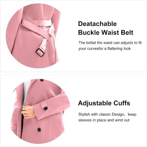 FARVALUE Women's Waterproof Trench Coat Long Double Breasted Windbreaker Classic Belted Lapel Overcoat with Removable Hood in Kuwait