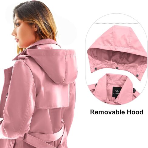 FARVALUE Women's Waterproof Trench Coat Long Double Breasted Windbreaker Classic Belted Lapel Overcoat with Removable Hood in Kuwait