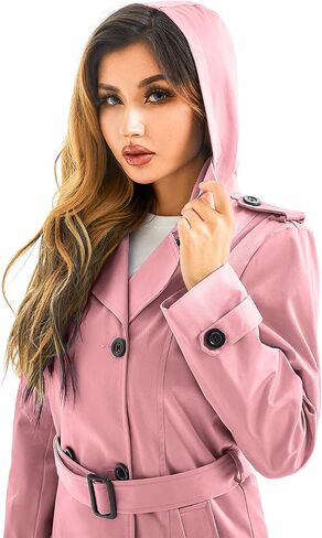 FARVALUE Women's Waterproof Trench Coat Long Double Breasted Windbreaker Classic Belted Lapel Overcoat with Removable Hood in Kuwait