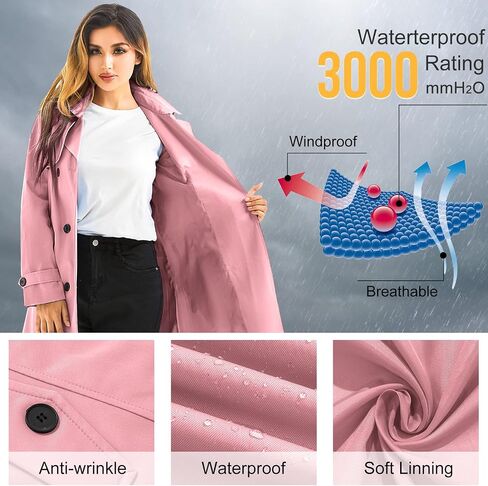 FARVALUE Women's Waterproof Trench Coat Long Double Breasted Windbreaker Classic Belted Lapel Overcoat with Removable Hood in Kuwait