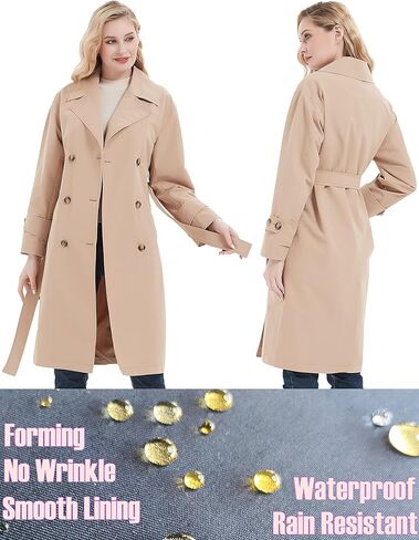 RISISSIDA معاطف مطر نسائية مزدوجة الصدر موضة الربيع والخريف، مقاومة للماء فضفاضة كبيرة الحجم وطويلة ورقيقة بحزام in Kuwait