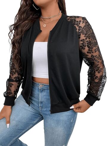 Floerns Women's Plus Size Sheer Floral Lace Long Sleeve Baseball Jacket in Kuwait