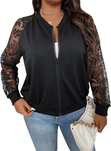 Floerns Women's Plus Size Sheer Floral Lace Long Sleeve Baseball Jacket in Kuwait