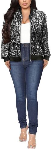 Yutuwomsfushi Womens Long Sleeve Sequin Open Front Zipper Jacket with Ribbed Cuffs in Saudi Arabia