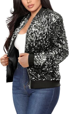 Yutuwomsfushi Womens Long Sleeve Sequin Open Front Zipper Jacket with Ribbed Cuffs in Saudi Arabia