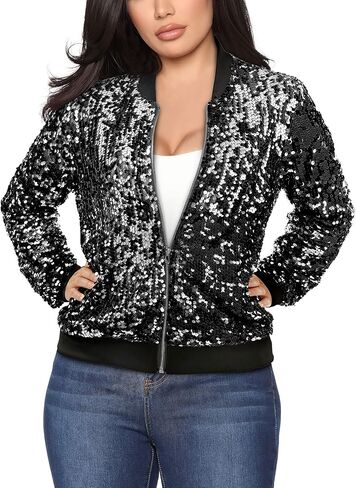 Yutuwomsfushi Womens Long Sleeve Sequin Open Front Zipper Jacket with Ribbed Cuffs in Saudi Arabia