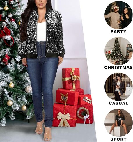 Yutuwomsfushi Womens Long Sleeve Sequin Open Front Zipper Jacket with Ribbed Cuffs in Saudi Arabia