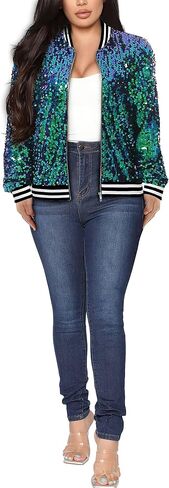 Yutuwomsfushi Womens Long Sleeve Sequin Open Front Zipper Jacket with Ribbed Cuffs in Saudi Arabia