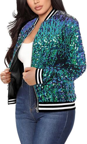 Yutuwomsfushi Womens Long Sleeve Sequin Open Front Zipper Jacket with Ribbed Cuffs in Saudi Arabia