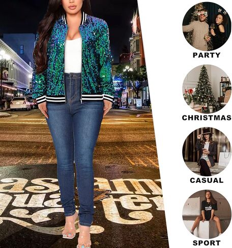 Yutuwomsfushi Womens Long Sleeve Sequin Open Front Zipper Jacket with Ribbed Cuffs in Saudi Arabia