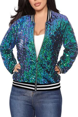 Yutuwomsfushi Womens Long Sleeve Sequin Open Front Zipper Jacket with Ribbed Cuffs in Saudi Arabia