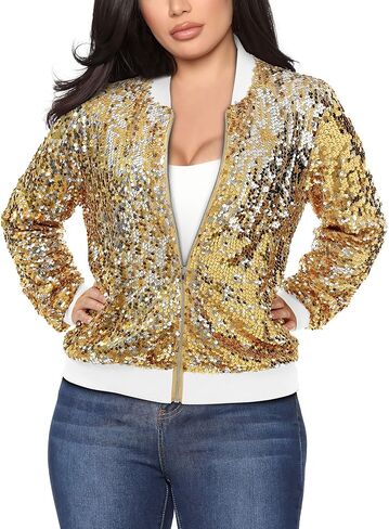 Yutuwomsfushi Womens Long Sleeve Sequin Open Front Zipper Jacket with Ribbed Cuffs in Saudi Arabia