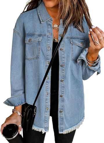 Dokotoo Women's Oversized Denim Jacket Casual Long Boyfriend Distresse Jean Jacket Autumn Spring in Saudi Arabia