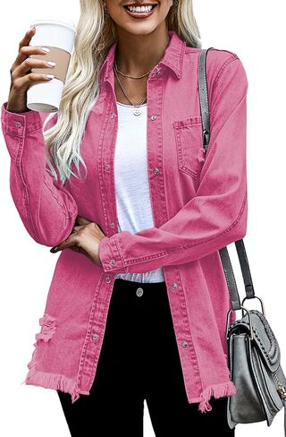 Dokotoo Women's Oversized Denim Jacket Casual Long Boyfriend Distresse Jean Jacket Autumn Spring in Saudi Arabia