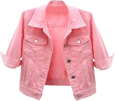 AMEBELLE Women's 3/4 Sleeve Strech Distress Slim Crop Denim Jean Trucker Jacket in Saudi Arabia